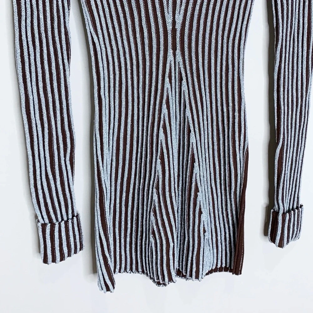 Hanifa Cici Knit Mini Dress (Sz S) Ribbed Long Sleeve Turtleneck Brown Silver - Picture 10 of 16
